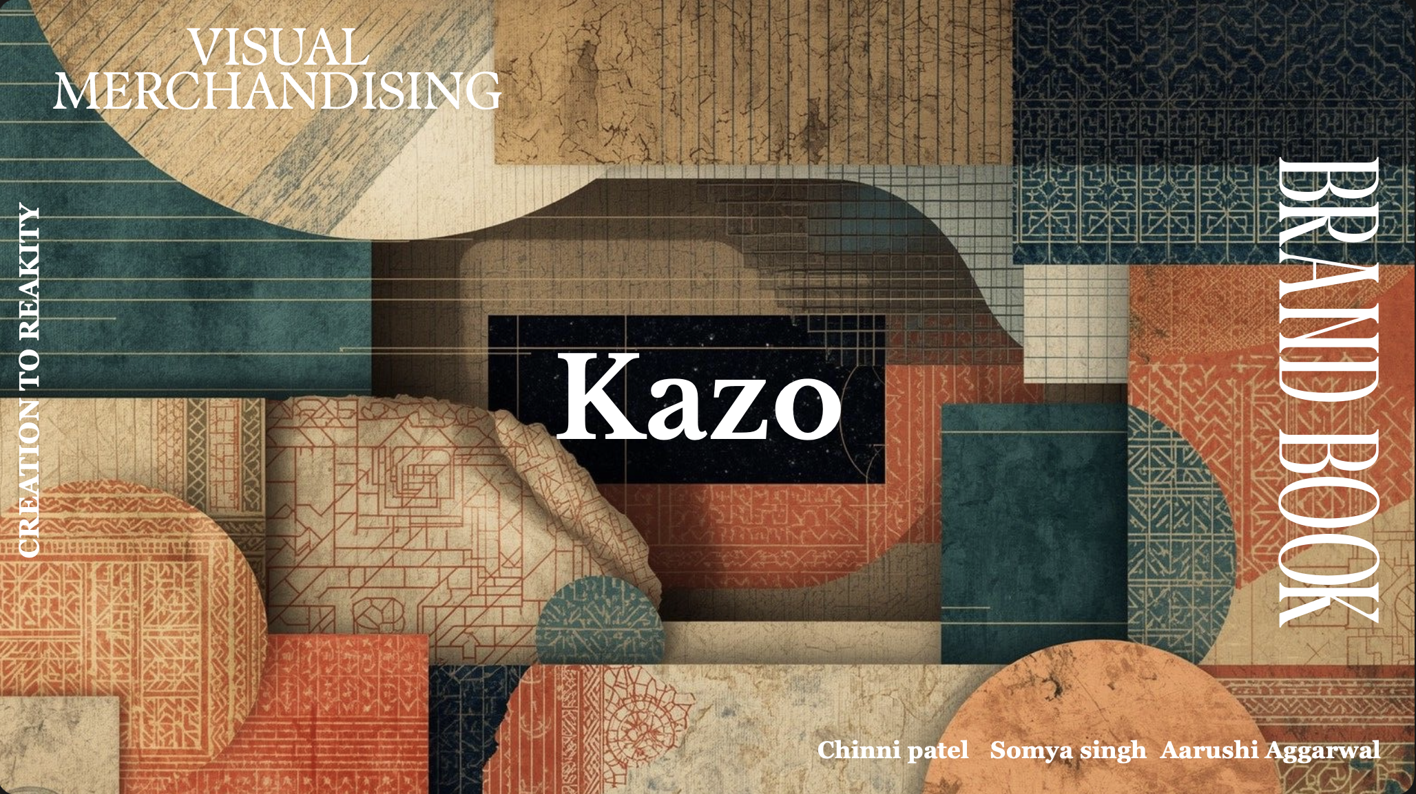 Kazo brand book cover with collaged textile and tile patterns in teal, terracotta and sand with the Kazo wordmark centred.