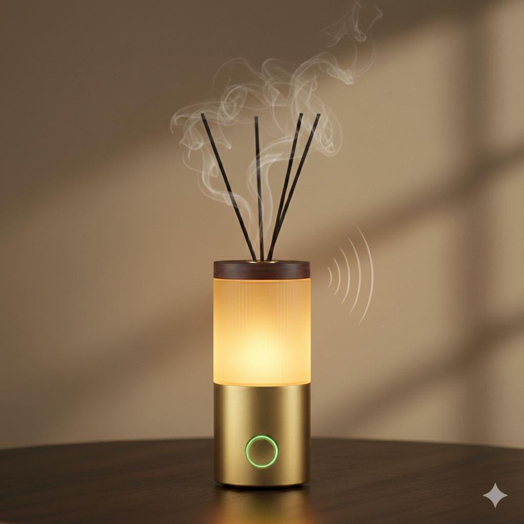 Soma diffuser lit and running, reeds releasing fragrance, with a soft signal indicator glowing at the base.