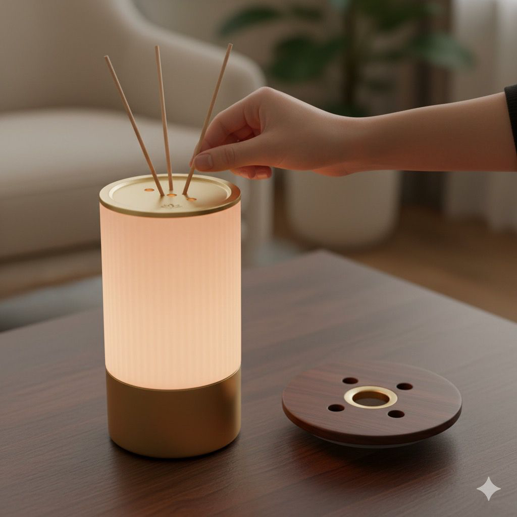 A hand placing reeds into the Soma diffuser, its interchangeable wooden pod lid resting on the table.